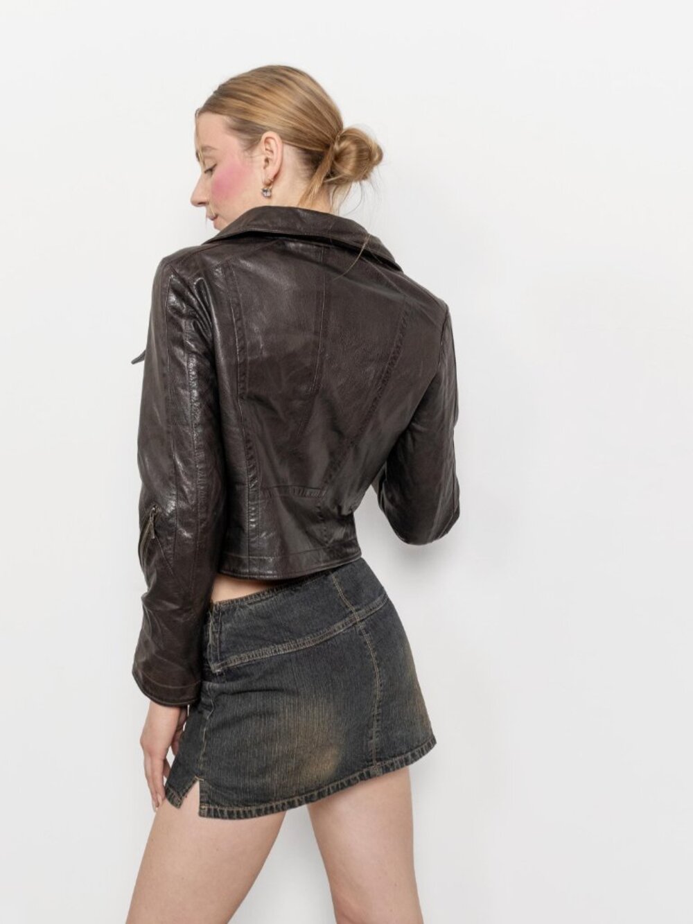 BROWN LEATHER JACKET Vintage Zip Up Coat Woman 2000's Y2K Motorcycle / Small - Picture 8 of 10